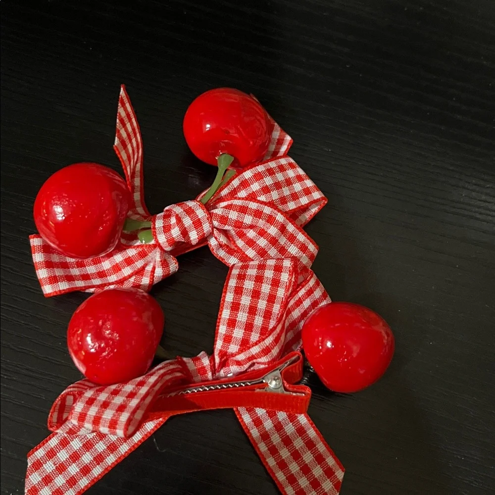 Cherry Bow Kids Hair Clips - Red Gingham - Picture 2 of 3
